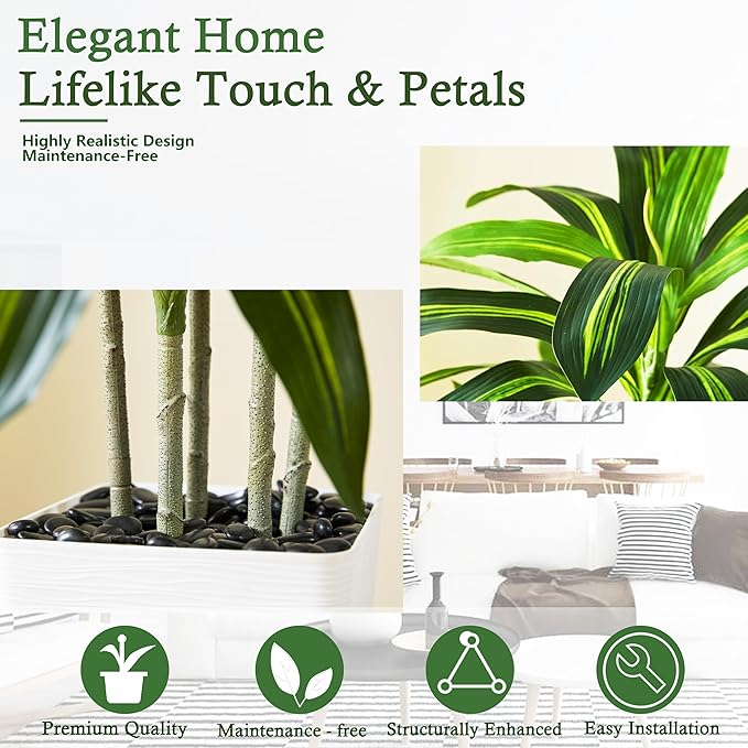Artificial Dracaena Tree：6FT Faux Silk Tropical Yucca Floor Trees Realistic Fake Green Plant with Natural Wood Trunk & Lifelike Leaves for Home Office Decor Indoor & Outdoor (6FT,1-Pack,White)