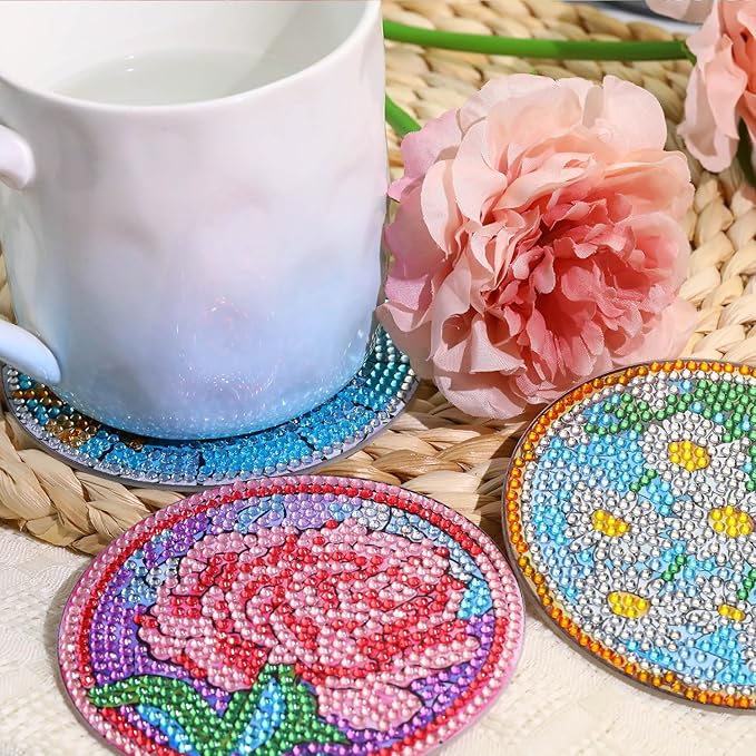 8 PCS Flowers Diamond Art Coasters Kits, Diamond Painting Coasters with Holder Set of 8, DIY Drink Coasters Art Crafts Supplies for Adults Cup Mat for Home Decor House Warming Gifts Non-Slip 3.9inch