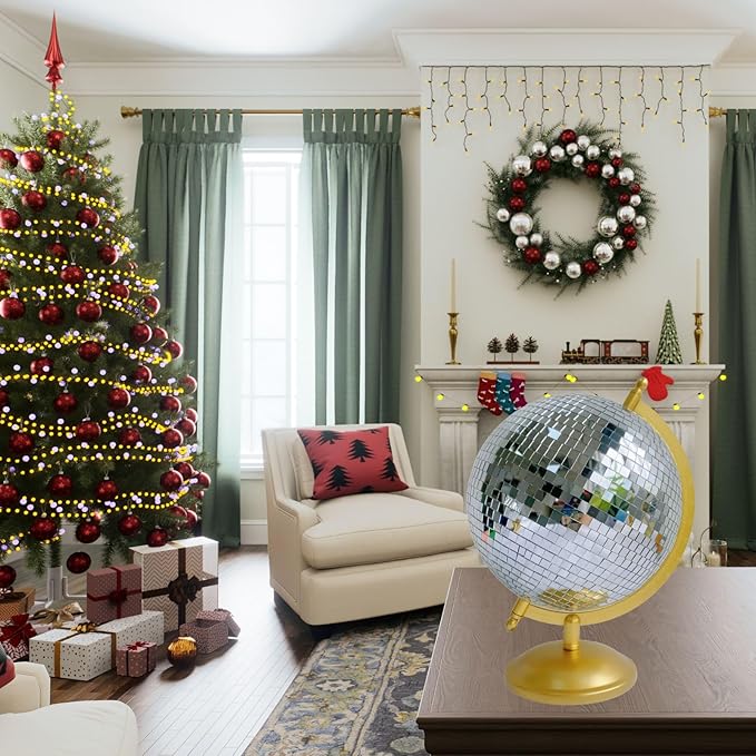 Disco Ball Globe Home Decor Statues Classic Tabletop Art Sculpture with Metal Base Discoball Unique Western Modern Decorative Aesthetic Sculptures, 8.5" x 8" x 12", Bright Gold