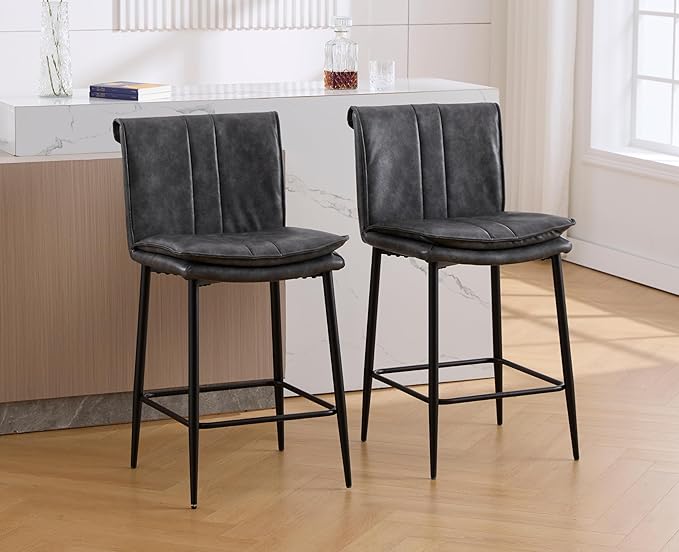 EALSON Leather Counter Height Bar Stools Set of 2 Modern 26 Inch Barstools with Back Upholstered Breakfast Counter Stools with Metal Legs Comfortable Bar Chairs for Kitchen Island, Grey