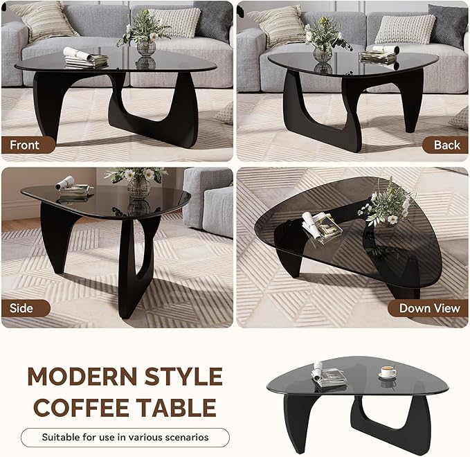 Modern Glass Coffee Table, Triangle Center Table with Tempered Glass Top& Unique Wooden Base, 35.5” Mid Century Tea Tables for Living Room, Apartment, Office,Black & Grey
