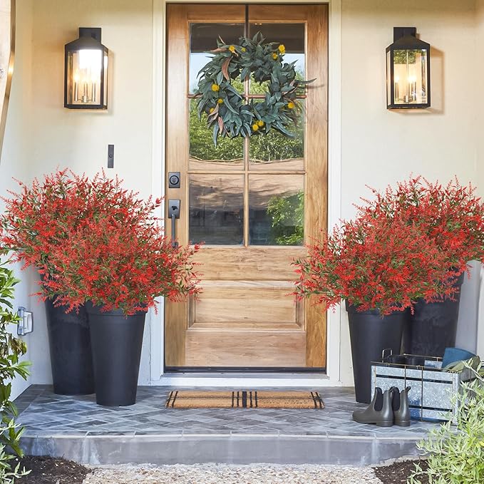 Krissing 80 Bundles Outdoor Lavender Flowers UV Resistant Artificial Flowers for Outdoor Fake Lavender Plastic Purple Plants for Outside Garden Patio Planters Window Box Porch Summer Decor (Red)