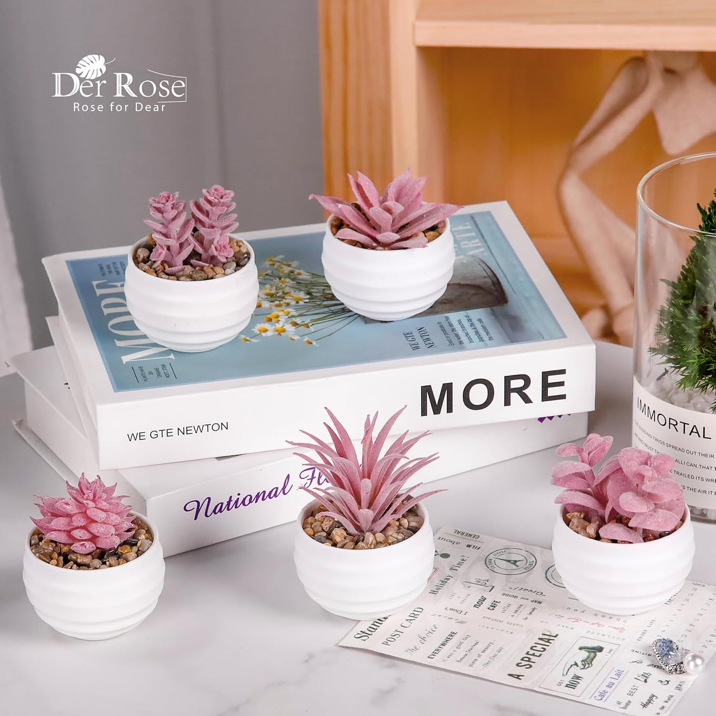 Der Rose Set of 6 Pink Succulents Plants Artificial in Pots Small Fake Plants for Girls Pink Room Decor Office Desk Accessories for Women