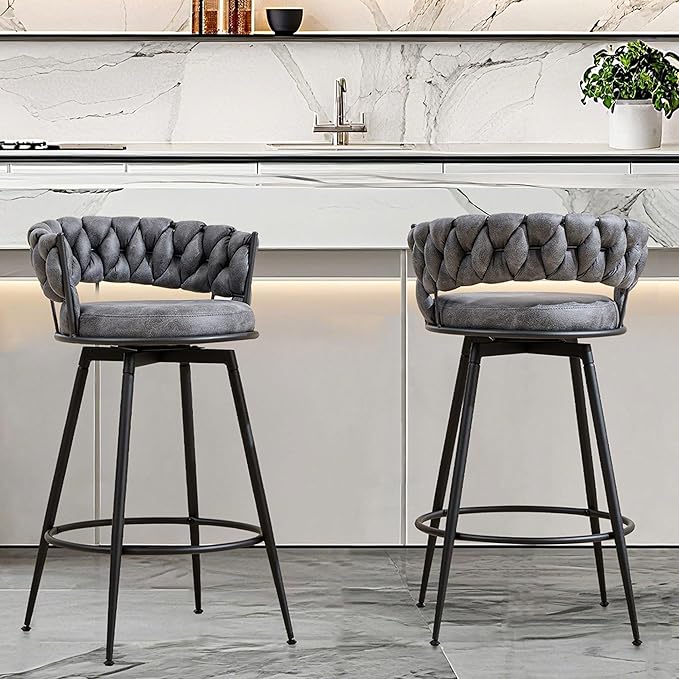 Counter Height Bar Stools Set of 2, 28 Inch Bar Stool with Metal Legs, 360° Swivel Barstools with Woven Back Leather Upholstered, Modern Chair for Kitchen Island, Cafe