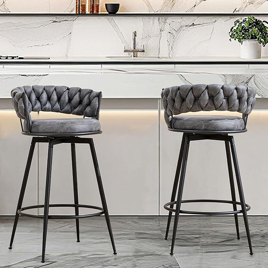 Counter Height Bar Stools Set of 2, 28 Inch Bar Stool with Metal Legs, 360° Swivel Barstools with Woven Back Leather Upholstered, Modern Chair for Kitchen Island, Cafe
