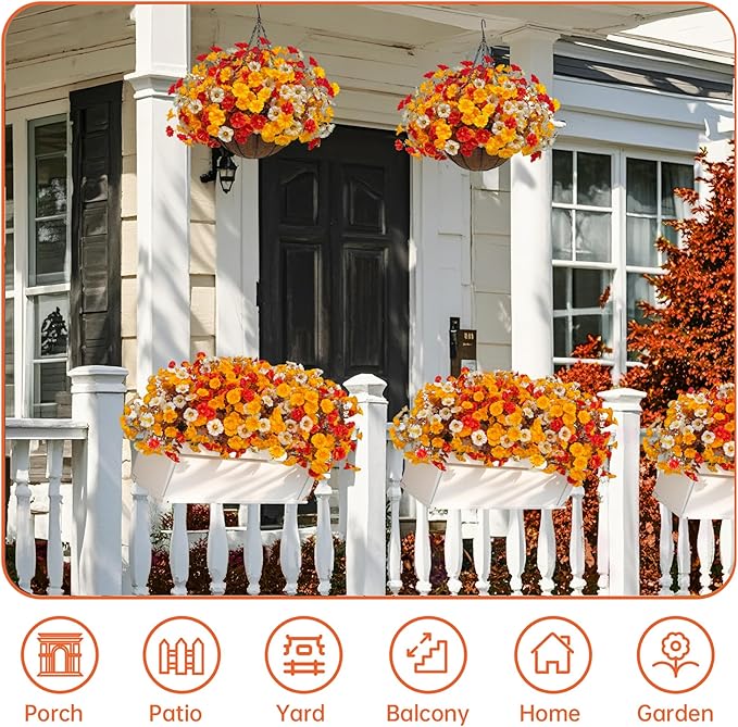 Artificial Fall Flowers with Hanging Baskets Outdoors, Faux mums for outdoor planters, Fake Mums Petunia artificial hanging plants UV Resistant for Autumn Porch Garden Home Yard Decor (Early Harvest)