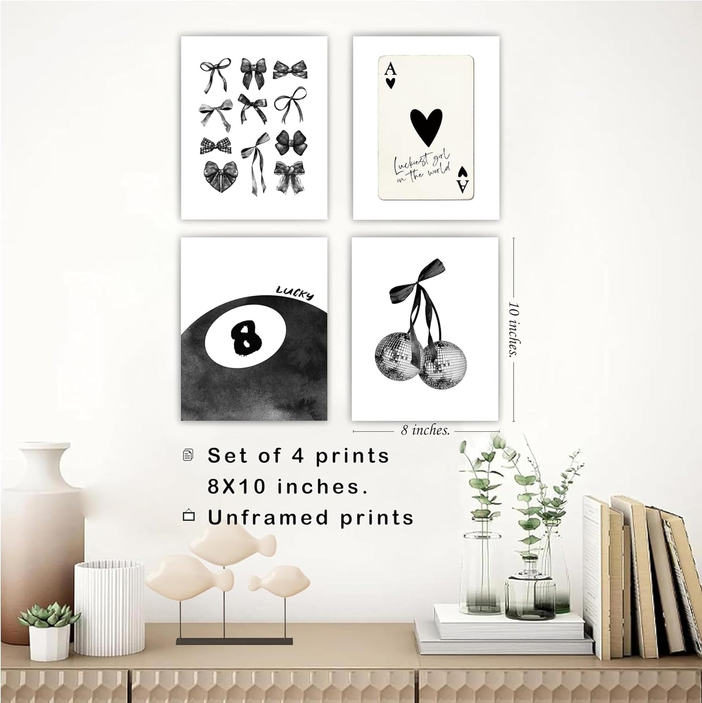 okaxscm Black Coquette Trendy Preppy Wall Art Prints Set of 4, Coquette Room Decor, Preppy Room Decor Aesthetic, Black Bow Disco 8 Ball Cherry Wall Decor Posters for Girls Bedroom Dorm, 8x10 Unframed