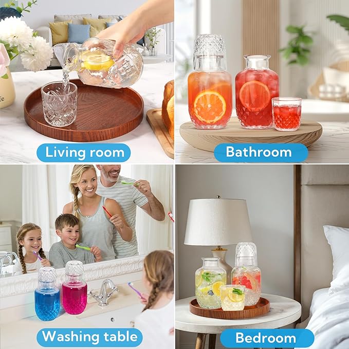 3 Set Bedside Water Carafe and Glass Set 18 OZ Vintage Glass Water Pitcher with 5 OZ Cup Set Clear Glass Water Pitcher for Bedroom,Bar,Bathroom,Hotel,Restaurant,Juice,Mouthwash Container,Style-2