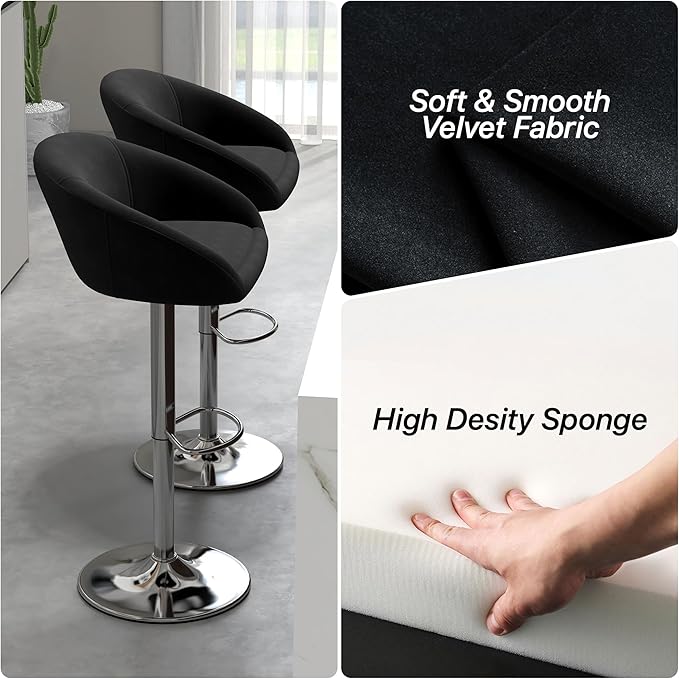 KCC Velvet Bar Stools Set of 2, Counter Height Bar Stools with Low Back, Swivel Barstool for Kitchen Island, Bar Pub (Black)