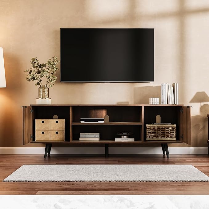 Modern TV Stand with Storage Cabinet, Wood Fashionable TV Cabinet with Waveform Panel and Adjustable Shelf, Entertainment Center TV Stand for TV, Living Room (Dark Walnut Wood)