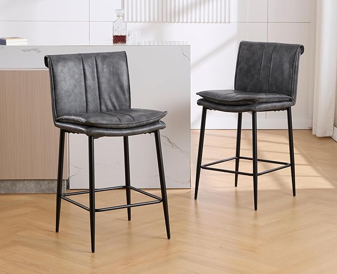 EALSON Leather Counter Height Bar Stools Set of 2 Modern 26 Inch Barstools with Back Upholstered Breakfast Counter Stools with Metal Legs Comfortable Bar Chairs for Kitchen Island, Grey