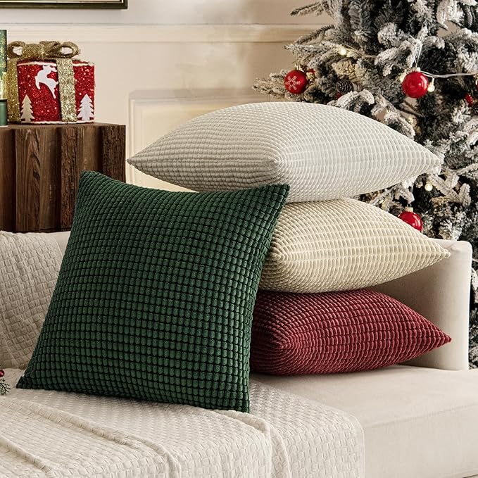 MIULEE Boho Farmhouse Throw Pillow Covers 18x18 Inch Set of 4 Soft Neutral Pillow Covers Christmas Red and Green Corduroy Couch Pillowcases Home Decor for Sofa Living Room Bed