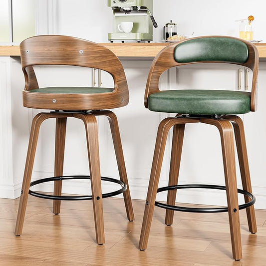 Swivel Bar Stools Set of 2, 26" Upholstered Faux Leather Barstools with Bentwood Legs, Mid Century Modern Counter Height Bar Stools with Back for Kitchen Island, Dining Room, Green