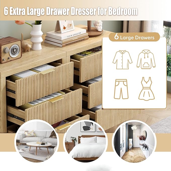 Nightstands Set of 2, Bedside End Table, Modern Wooden Night Stand with 6-Drawer - Boho Cabinet Accent Storage Furniture for Bedroom, Living Room, Nature