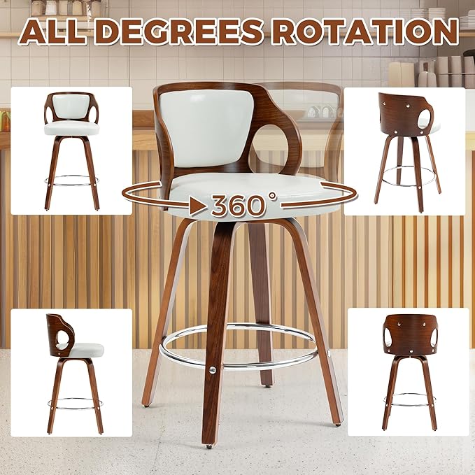 ECOTOUGE Swivel Bar Stools Set of 2, Walnut Faux Leather Counter Height Barstools with Bentwood Back and Footrest, for Dining Room, Kitchen Island and Pub, White