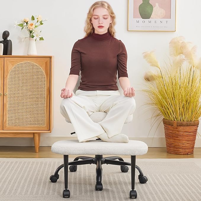Criss Cross Legged Meditaion Chair,Exquisite Home Office Furniture,Ergonomic Kneeling with Lumbar Support and Adjustable Height Stool,for ADHD Adults,Teddy Fabric,White