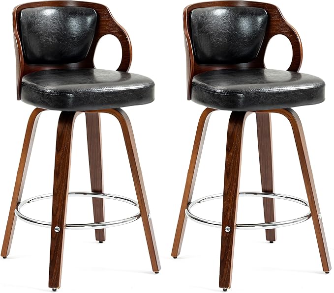 ECOTOUGE Swivel Bar Stools Set of 2, Walnut Faux Leather Counter Height Barstools with Bentwood Back and Footrest, for Dining Room, Kitchen Island and Pub, Black