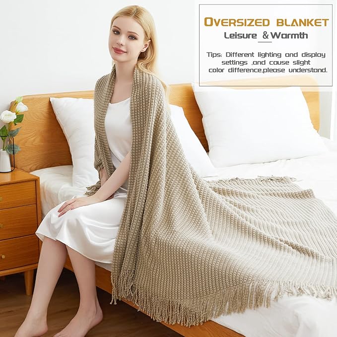 Blagic Knitted Throw Blanket for Couch,Soft Farmhouse Throw Blanket with Tassels,Home Decorative Lightweight Throw Blankets,Camel Throws for Bed/Chair/Sofa, 50" W x 60" L