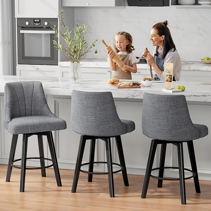 Counter Height Swivel Bar Stool, 24" Upholstered Fabric Barstools Set of 3, Counter Stool Chair with Back & Solid Wood Legs for Kitchen Island Dining Room (Dark Gray)