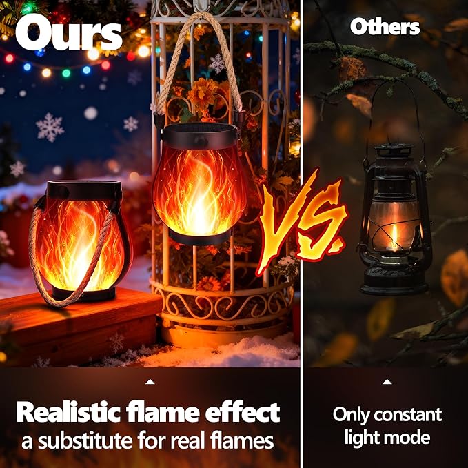 Christmas Solar Flame Lantern Hanging Outdoor Waterproof Purple - 2 Pack Flame Lanterns with Dual Charging Modes of Solar & USB for Garden or Yard Decorations (Red - 2 Pack)
