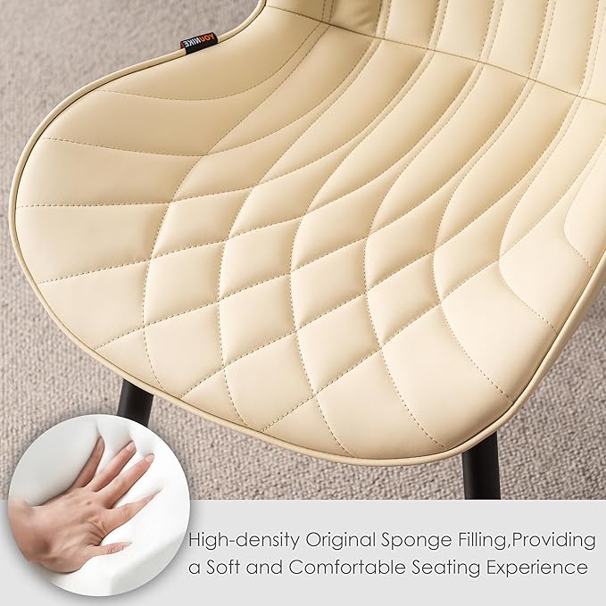 Kidol & Shellder Modern Dining Chairs Set of 2 Comfy Dining Room Chairs with Thick Cushions PU Leather Upholstered Kitchen Side Chairs with Metal Legs Beige