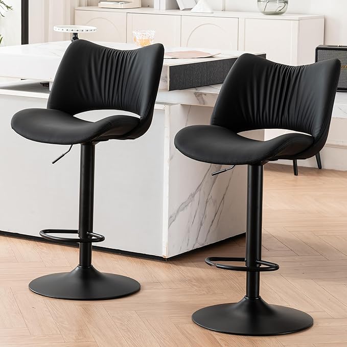YOUNIKE Modern Bar Stools Set of 2, Black PU Leather Upholstered Barstools, Swivel Adjustable Armless Counter Stool, Ergonomic Hollow Mid Backrest Bar Chair for Kitchen Island, Home Bar Counter
