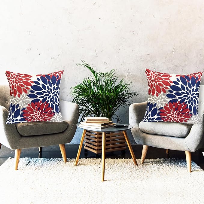 Decorative Throw Pillow Covers Set of 2 Red Blue Pillow Covers 18x18 Inch Couch Pillow Covers for Sofa Living Room Outdoor Throw Pillow Cover Linen Floral Flower Farmhouse Pillowcase