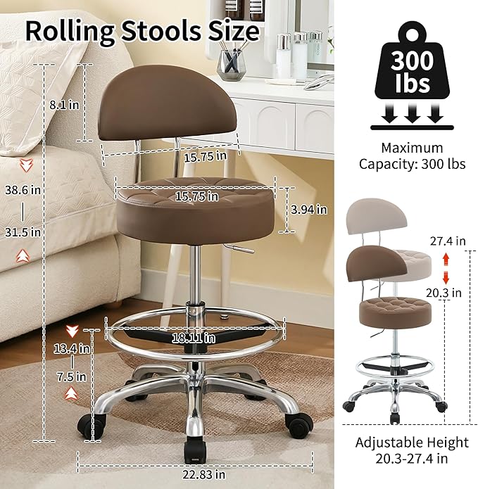 Salon Chair for Hair Stylist (Adjustable Height 20-27 inch) (Stool with Quiet Wheels and Foot Rest) Ergonomic Guitar Stool for Long Sessions (Coffee Brown)