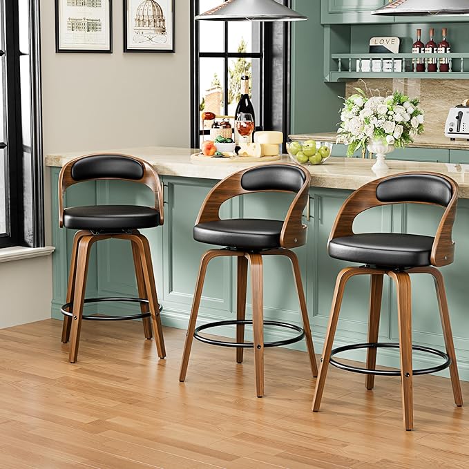 Bar Stools, 26" Counter Height Barstools with Bentwood Legs, Swivel Counter Stools with Back, Mid Century Modern Faux Leather Upholstered Bar Chairs for Kitchen Island, Black