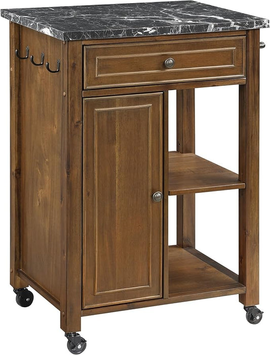 OSP Home Furnishings Fairmont Modern Farmhouse Kitchen Cart, Rolling Storage Cabinet with Drawer, Shelves, Hooks, Towel Bar, Oak Wood Finish with Faux Marble Top
