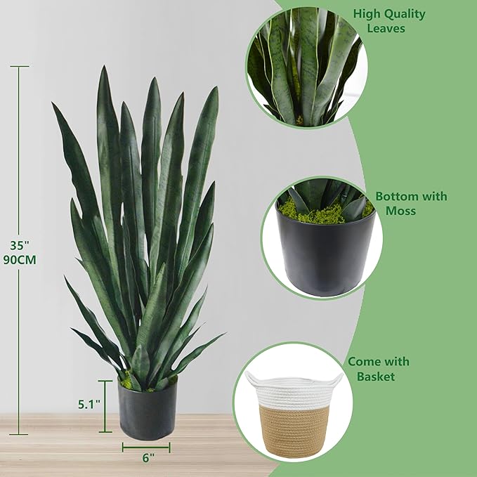 Artificial Snake Plant, 3ft Fake Sansevieria with Basket, 35" Fake Mother in Law Plants, Perfect Faux Potted Plant Greenery for Indoor Home Office Store Lifelike Decoration (Green)