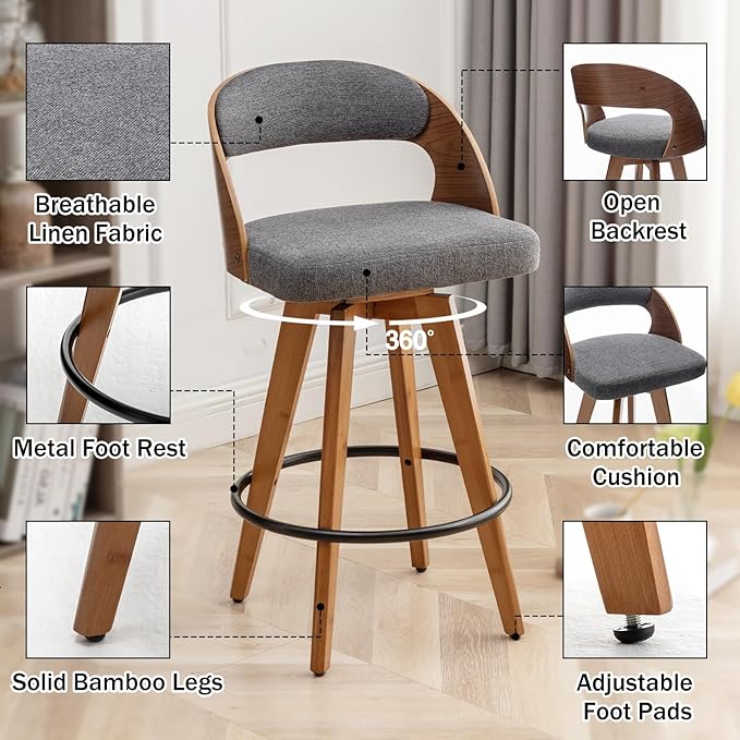 Barstools Set of 3,Counter Height Bar Stools for Kitchen Island,26.8 Inch Modern Upholstered Bar Chair, Swivel Counter Stools with Wood Back and Bamboo Legs (Darkgray-Fabric)