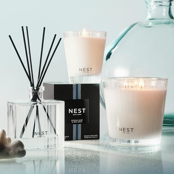 NEST New York Reed Diffuser, Ocean Mist & Sea Salt - 5.9 fl oz - Fragrance for Up to 90 Days - Reusable, Refillable Glass Holder - Includes 8 All-Natural Reed Sticks - Flame Free