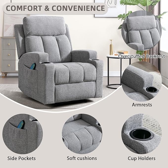 Phoenix Home Manual Recliner Chair Set of 2 with Massage and Heat, Ergonomic Overstuffed Breathable Fabric Recliner Single Sofa Seat with 2 Cup Holders, Living Room Lounge Recliners on Clearance, Gray