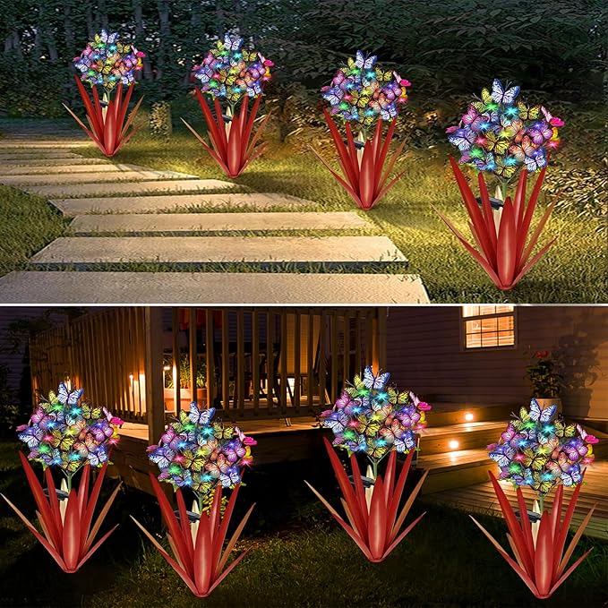 Homight Solar Metal Agave Butterfly Flower Stick Garden Sculpture - Outdoor Gift, Christmas Lights - Swaying Butterfly Garden Lights - Solar Outdoor (3 PCS RED)