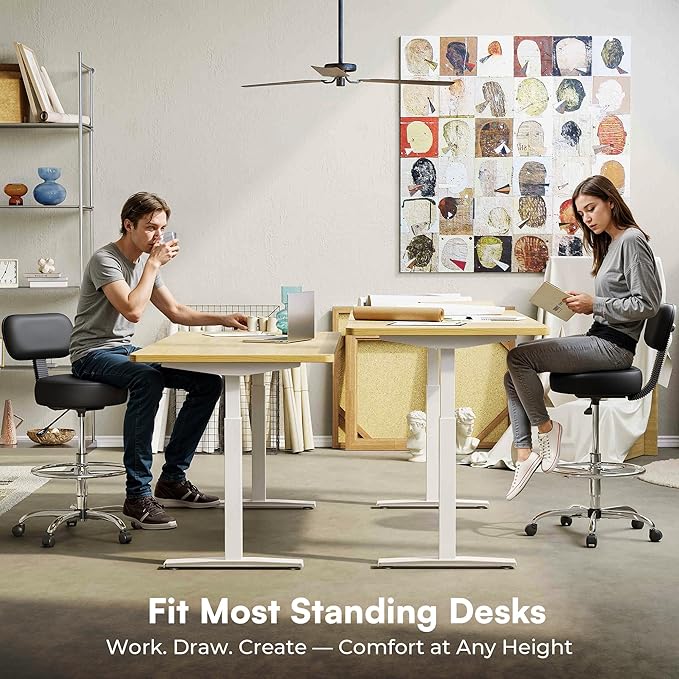 SUPERJARE Drafting Chair with Back, Adjustable Foot Rest Rolling Stool, Multi-Purpose Office Desk Chair, Thick Seat Cushion for Home Bar Kitchen Shop - Black