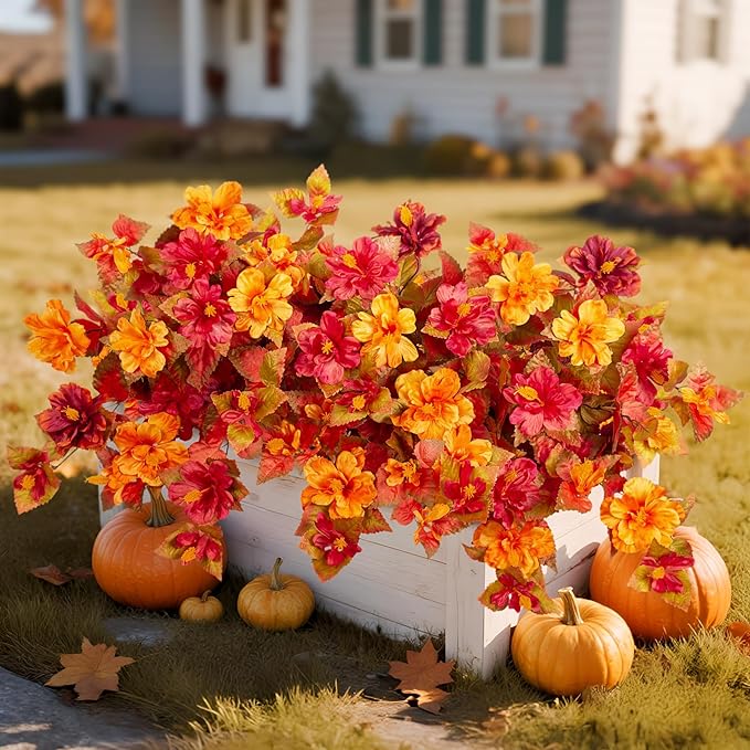 Fall Flowers Artificial for Outdoors Decoration, 2PCS Fake Fall Flowers for Outdoor Planters, Autumn Faux Hibiscus UV Resistant No Fade for Home Porch Patio Garden Balcony Yard Indoor Decor