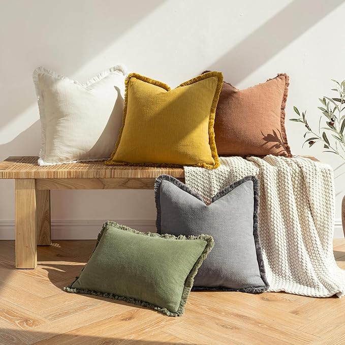 MIULEE Decorative Throw Pillow Covers Neutral Linen Fringe Throw Pillows Euro Shams Set of 2 Mustard Yellow Boho Farmhouse Cushion Covers for Couch Sofa Bed Living Room Spring Home Decor 24x24 Inch