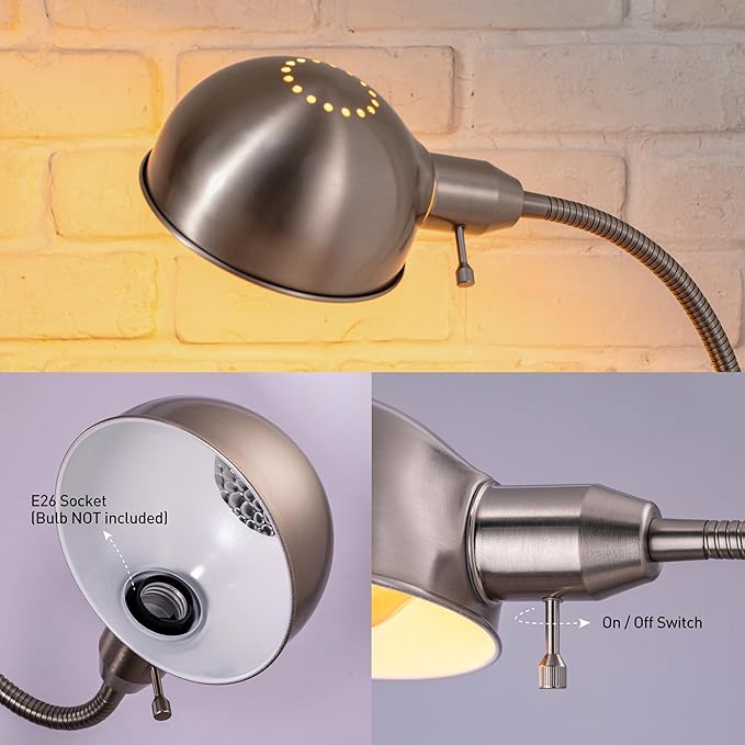 O'Bright Nova - Adjustable Floor Lamp with Flexible Gooseneck and Rotatable Shade, E26 Socket, 10-Inch Base - Ideal for Reading, Bedside, Living Room, Brushed Nickel