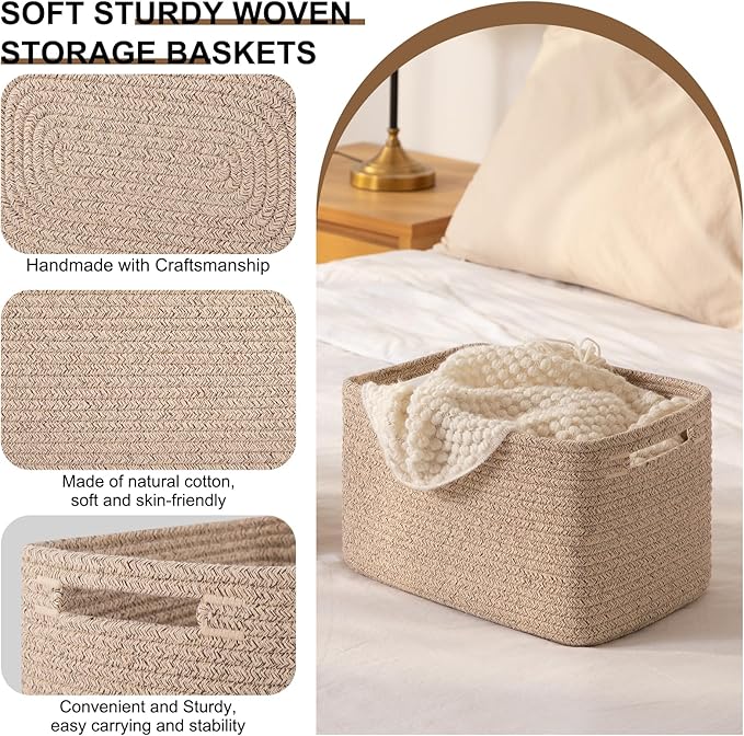Storage Baskets for Organizing, Woven Decorative Baskets for Shelves - Books, Towels, and Clothes, Cotton Rope Toy Storage Bins, 12.7''Lx9''Wx7.8''H, Pack of 4, Brown