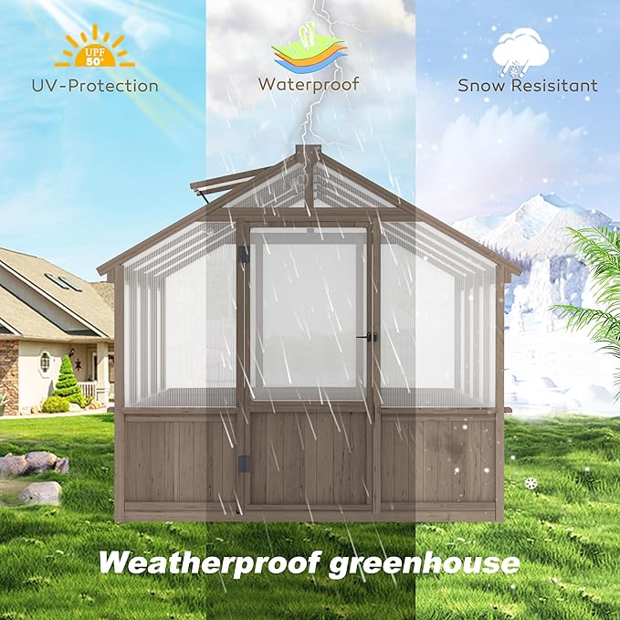 BlueWish 8x8 FT Greenhouses for Outdoors, Cedar Green House with 6MM Polycarbonate Panel, Greenhouse Kit with Adjustable Vent & Lockable Door, Walk-in Greenhouse for Outside, Garden, Backyard