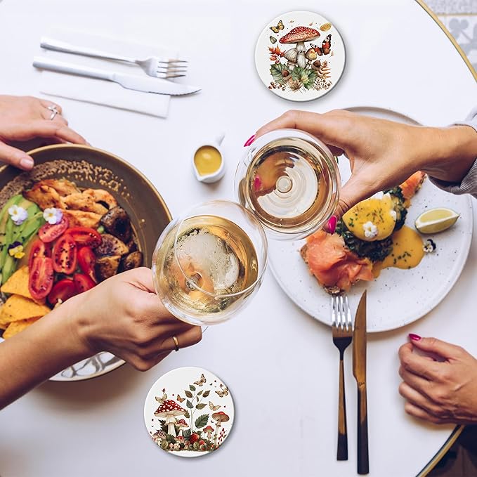 Drink Coasters Set of 6 with Holder, Mushroom Butterfly Absorbent Ceramic Drink Coaster for Tabletop Protection,Suitable for Kinds of Cups,Drinks Coasters for Home Office Decoration(4 Inches)