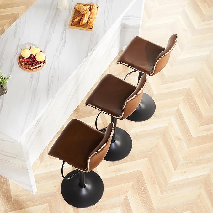HeuGah Bar Stools Set of 3, Swivel Counter Height Barstools with Back, Adjustable Height 24" to 32", Brown Faux Leather Bar Chairs for Kitchen Island (Brown, Set of 3 (24'' to 32''))