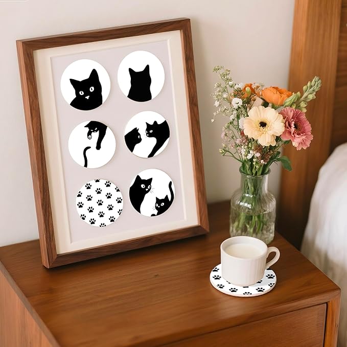 Black Cat Coasters Set of 6 with Holder - Ceramic Drink Coasters & Wall Art, Cute Home Decor for Cat Lovers, Kitchen, Living Room, Coffee Bar - Housewarming Gifts
