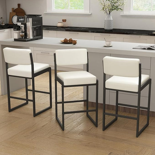 Mid Century Modern Counter Height Bar Stools Set of 3, 26" Bar Height Chairs with Backs, Upholstered Counter Stools, Metal Barstools for Kitchen Island (White- Faux Leather, 26"H - Set of 3)