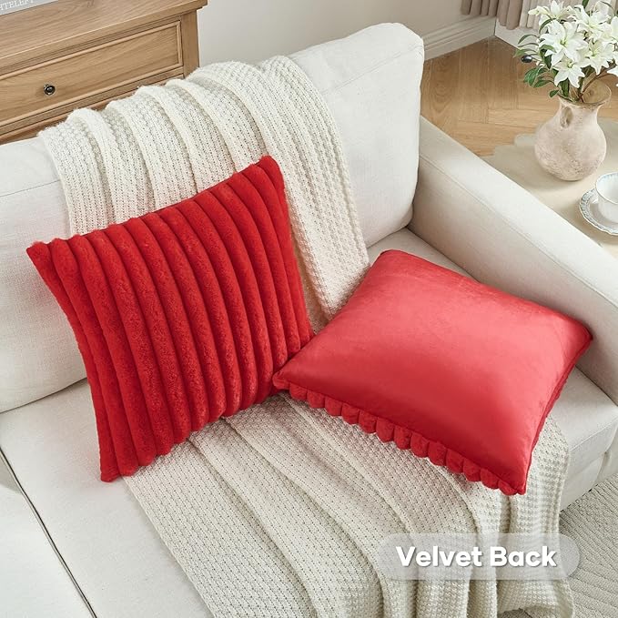 FUTEI Red Striped Decorative Throw Pillow Covers 14x14 Inch Set of 2,Square Fall Decorations Couch Pillow Case,Soft Cozy Faux Rabbit Fur & Velvet Back,Modern Home Decor for Bed