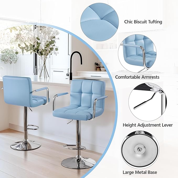 Yaheetech Bar Stools Set of 2, PU Leather Adjustable Swivel Barstools, Hydraulic Kitchen Counter Height Chairs with Armrest and Back for Kitchen, Dining Room, Blue