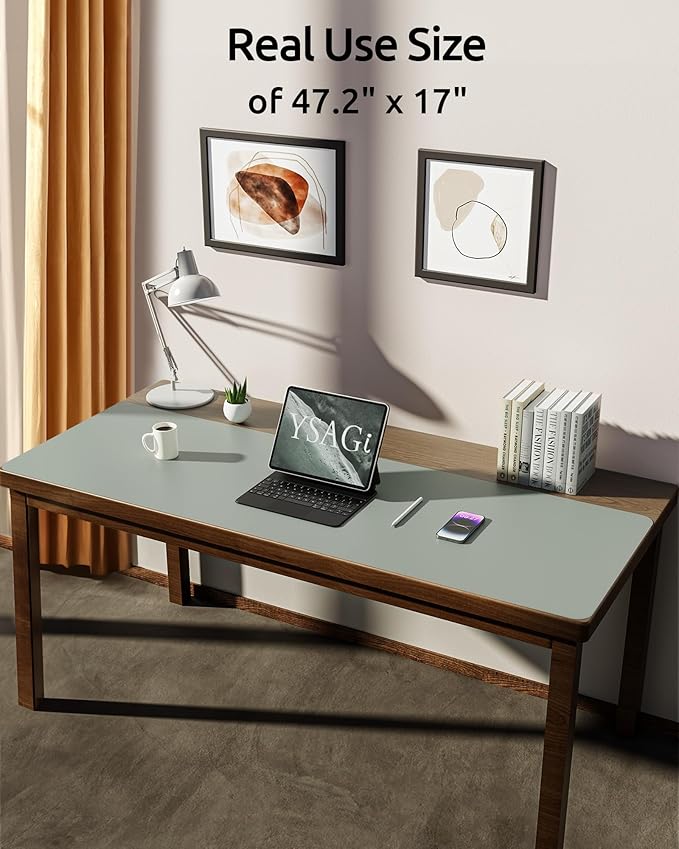 YSAGi Leather Desk Pad Protector, Office Desk Mat, Large Mouse Pad, Non-Slip PU Leather Desk Blotter, Laptop Desk Pad, Waterproof Desk Writing Pad for Office and Home (Grayish Green, 47" x 17")