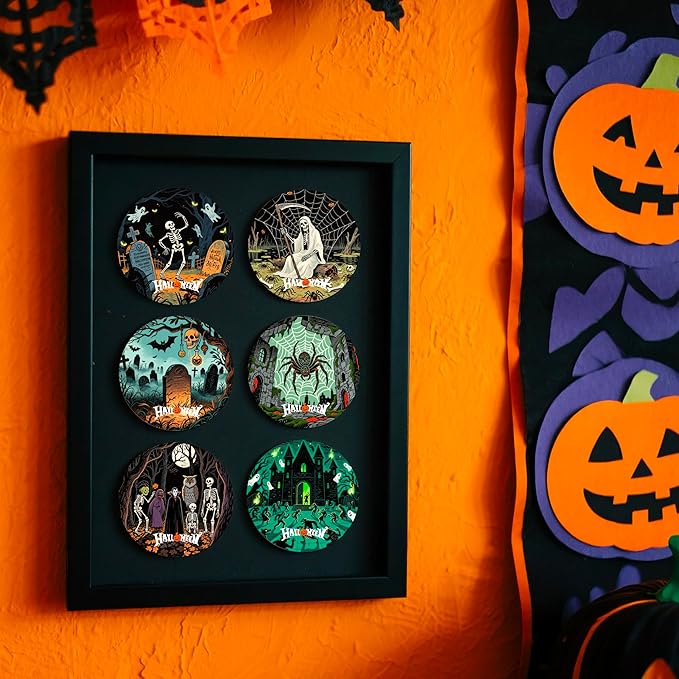 Ultimate Horror Halloween Coasters Set of 6 with Holder - Matte Ceramic Drink & Wall Art Decor, Spooky Home Office Party Gift | Skull Spider Ghost Decorations