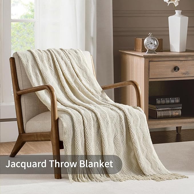 BOURINA Beige Throw Blanket 50x60 Inches Throw Textured Solid Soft Ripple Throws and Blankets for Sofa or Bed Knitted Decorative Bla
